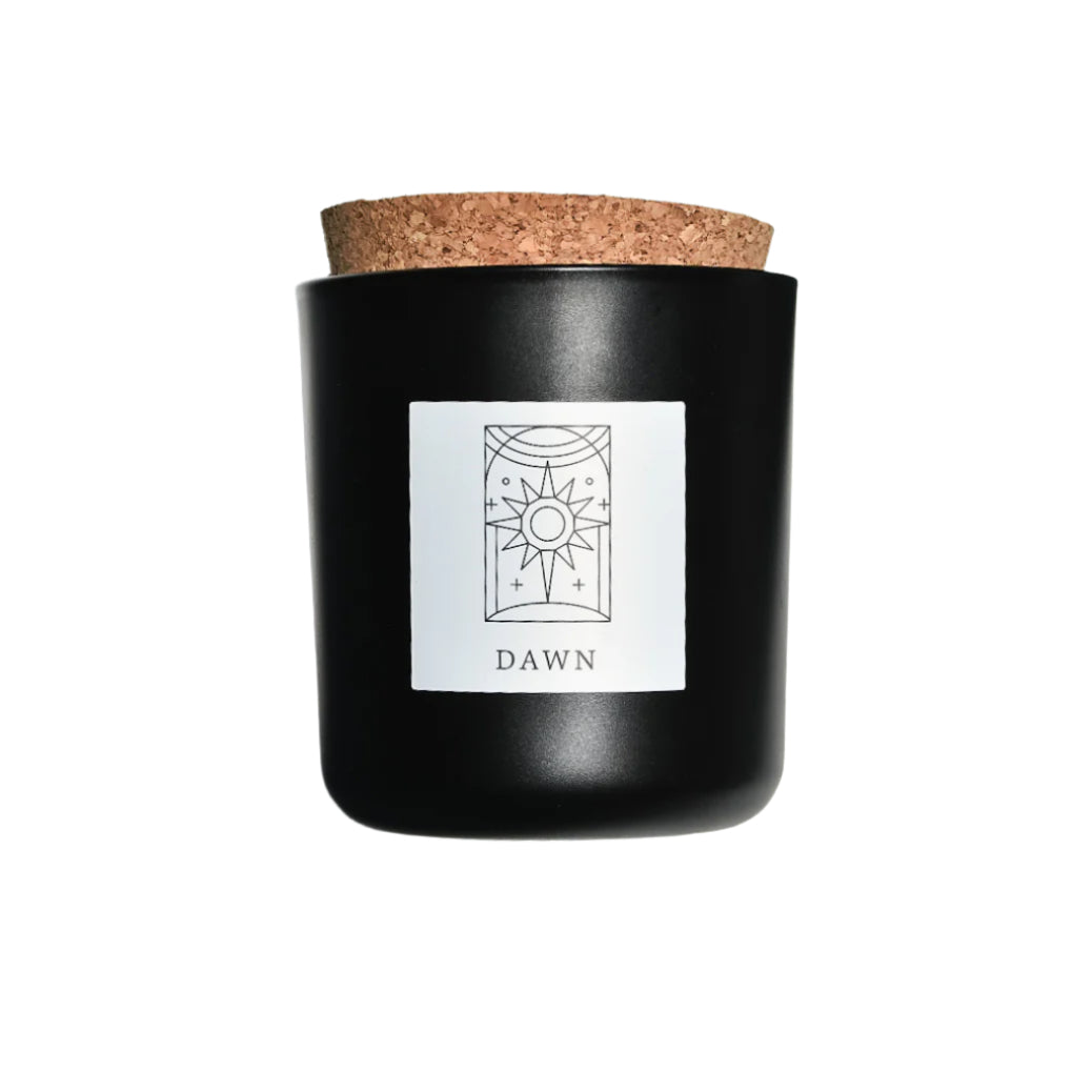 Dawn candle in black apothecary glass with cork top for wholesale through Faire, Bulletin, Shoppe Object, and directly.