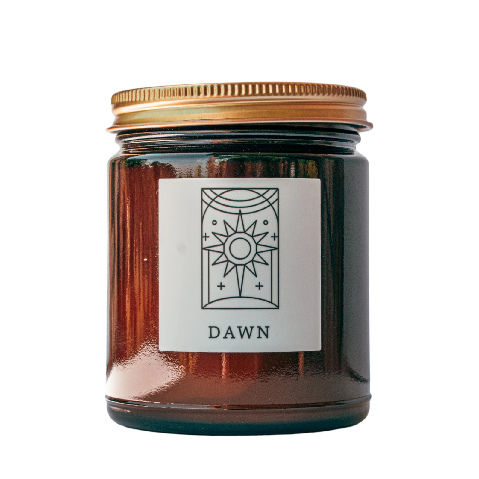 Dawn candle in amber jar with gold lid for wholesale through Faire, Bulletin, Shoppe Object, and directly.