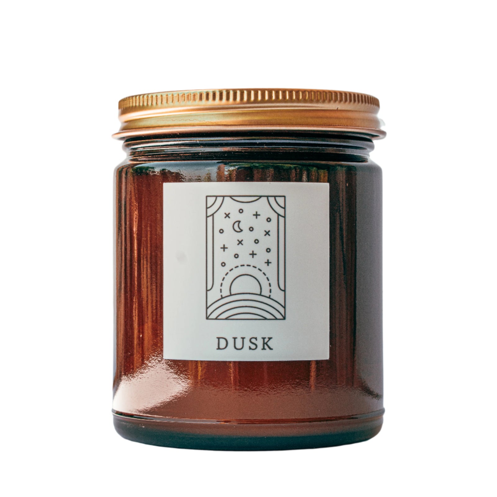 Dusk candle in amber jar with gold lid for wholesale through Faire, Bulletin, Shoppe Object, and directly.