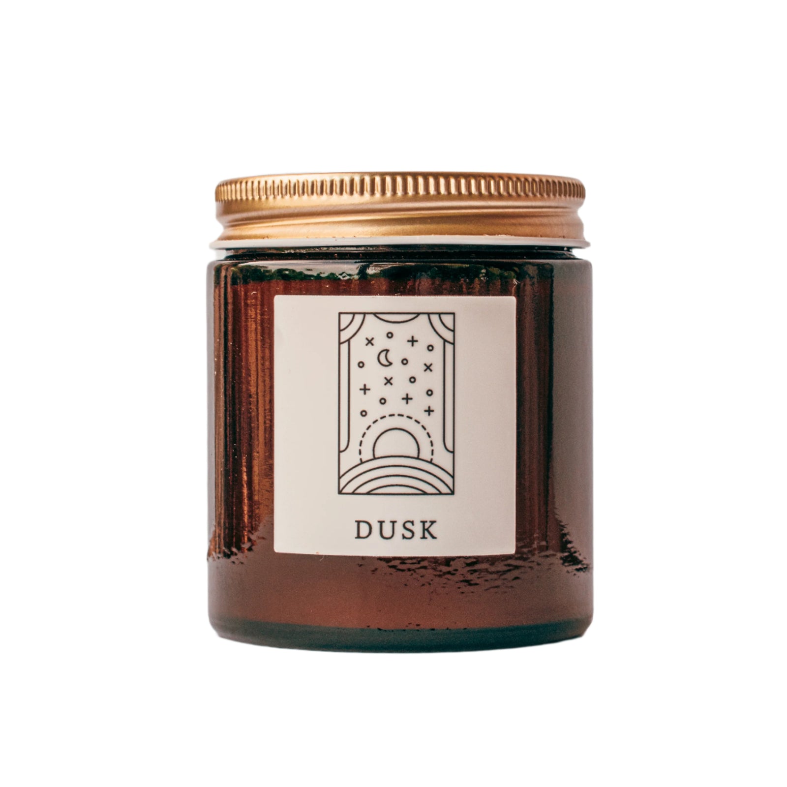Dusk candle in amber jar with gold lid for wholesale through Faire, Bulletin, Shoppe Object, and directly.