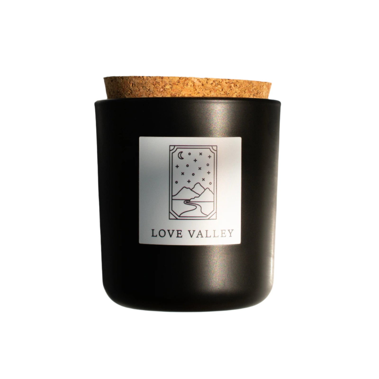 Love Valley candle in black apothecary glass with cork top for wholesale through Faire, Bulletin, Shoppe Object, and directly.