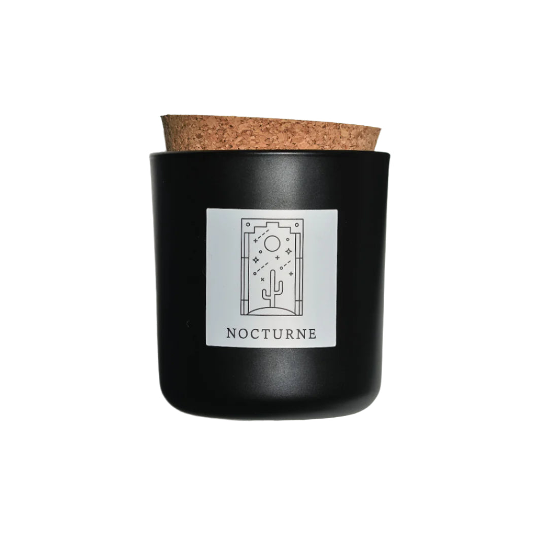 Nocturne candle in black apothecary glass with cork top for wholesale through Faire, Bulletin, Shoppe Object, and directly.